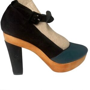 Faryl Robin Anthro Black Teal platform sky high Heel wood velvet leather bow 8